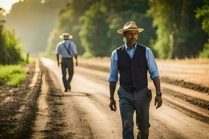 dos hombres en sombreros caminando abajo un suciedad la carretera. generado por ai foto