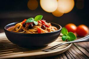 spaghetti with tomato and black beans in a bowl. AI-Generated photo