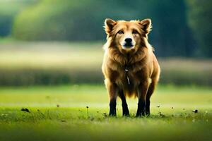 un perro en pie en el césped. generado por ai foto