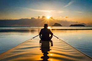 un hombre sentado en un paleta tablero en el Oceano a puesta de sol. generado por ai foto