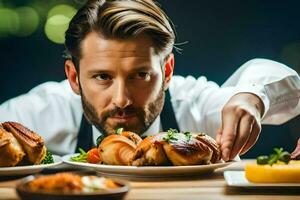 a man is holding a plate of food with a knife. AI-Generated photo