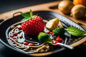 a strawberry and a piece of broccoli on a black plate. AI-Generated photo