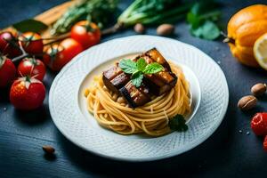 spaghetti with meat and vegetables on a plate. AI-Generated photo