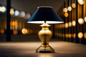 a golden lamp on a table in a dark room. AI-Generated photo