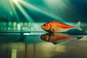 a fish is reflected in the water with light coming from the sun. AI-Generated photo