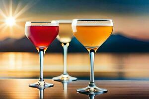 three glasses of different colored drinks on a table. AI-Generated photo