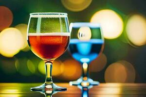 two glasses of beer on a table with a blurred background. AI-Generated photo