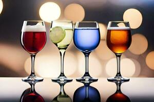 four glasses of different colored drinks on a table. AI-Generated photo