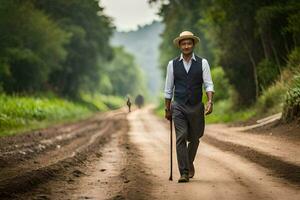 a man in a hat and vest walking down a dirt road. AI-Generated photo