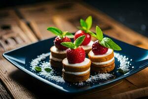 three small cakes with strawberries on top. AI-Generated photo