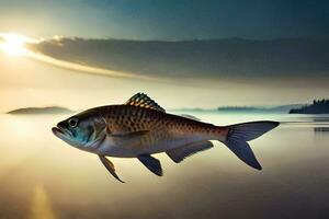 un pescado es flotante en el agua a puesta de sol. generado por ai foto