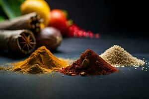 various spices and spices on a black background. AI-Generated photo