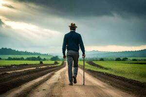 a man walking down a dirt road with a cane. AI-Generated photo