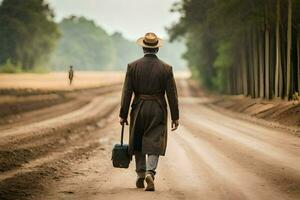 a man in a hat and coat walking down a dirt road. AI-Generated photo