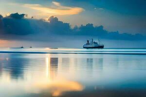 un barco es navegación en el Oceano a puesta de sol. generado por ai foto