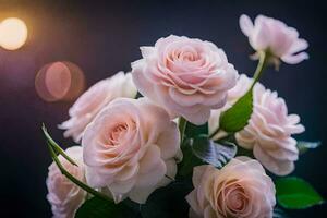 pink roses are in a vase with a blurred background. AI-Generated photo