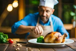 chef preparing a roasted chicken on a plate. AI-Generated photo