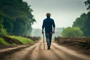 un hombre caminando abajo un suciedad la carretera con un caña. generado por ai foto