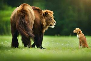 un león y un perro son en pie en un campo. generado por ai foto