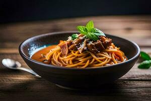 spaghetti with meat and tomato sauce in a bowl. AI-Generated photo