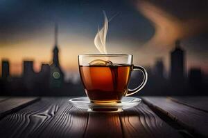 a cup of tea on a wooden table with a city in the background. AI-Generated photo