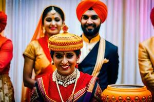 a bride and groom in traditional indian attire. AI-Generated photo