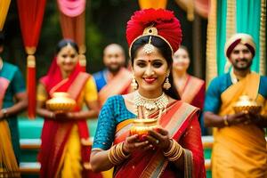 indian woman in traditional attire holding a candle. AI-Generated photo