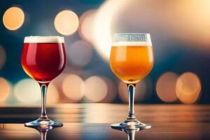 two glasses of beer on a table with a blurry background. AI-Generated photo
