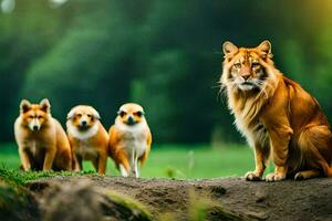 un grupo de perros y un león en pie en un roca. generado por ai foto