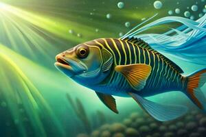 a fish with a blue tail and long hair. AI-Generated photo