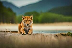 a red fox sitting on a log in front of a lake. AI-Generated photo