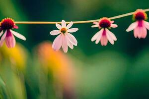 rosado flores colgando desde un cuerda en un campo. generado por ai foto