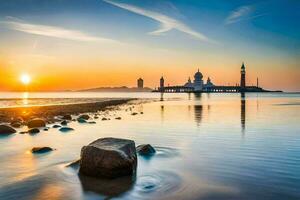 the sun sets over a mosque and rocks in the water. AI-Generated photo