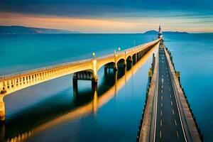 a long bridge spanning the ocean with a road on it. AI-Generated photo