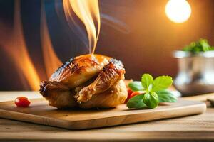 a chicken on a wooden cutting board with a flame. AI-Generated photo