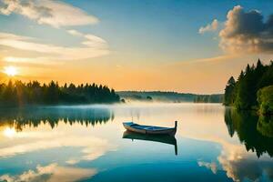 un barco es flotante en un lago a amanecer. generado por ai foto