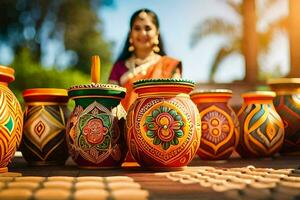 a woman in sari is standing next to colorful pots. AI-Generated photo