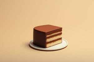 Piece of three chocolate cake. Minimalistic piece of chocolate cake on beige background. Generative AI photo