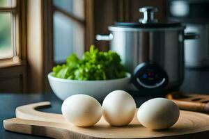 three eggs on a cutting board next to a pot. AI-Generated photo