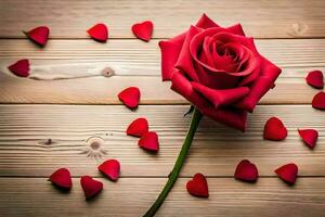 the rose is surrounded by hearts on a wooden background. AI-Generated photo