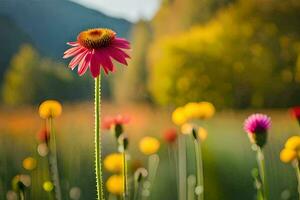 a pink flower stands out in the middle of a field. AI-Generated photo