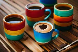 vistoso café tazas con corazones y café en un de madera bandeja. generado por ai foto