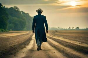 un hombre en un sombrero y Saco caminando abajo un suciedad la carretera. generado por ai foto