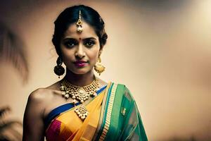 un hermosa indio mujer vistiendo un vistoso sari. generado por ai foto