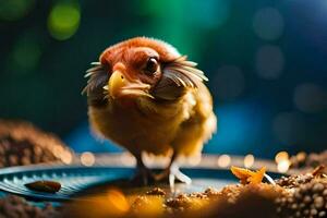 un pequeño pájaro es en pie en un plato de alimento. generado por ai foto