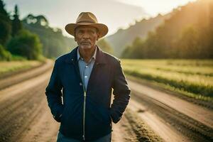 an older man standing on a dirt road. AI-Generated photo