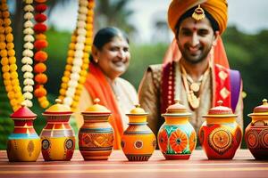 a couple in traditional indian attire are standing next to colorful pots. AI-Generated photo