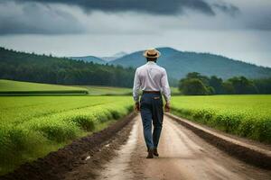 a man in a hat walks down a dirt road in a field. AI-Generated photo