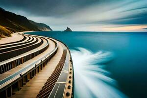 a long exposure photo of a long bridge over the ocean. AI-Generated