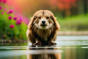 a dog is standing in the water with flowers. AI-Generated photo